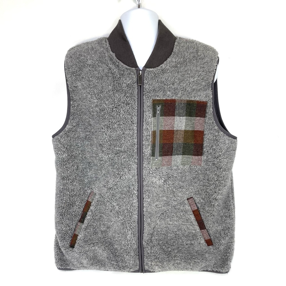 Pendleton Umatilla Fleece Vest Mens XL Gray Plaid Pocket Wool Trim Full Zip